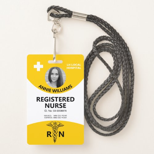 Registered nurse caduceus and logo yellow photo id badge