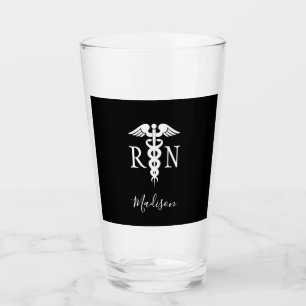 Registered Nurse Caduceus Black White Personalized Glass