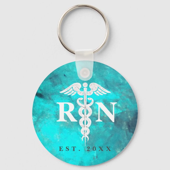 Registered Nurse Caduceus Modern Teal Marble Keychain (Front)
