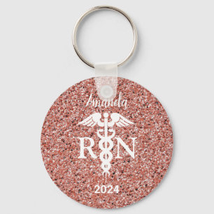 Registered Nurse Caduceus Rose Gold Glitter Custom Keychain