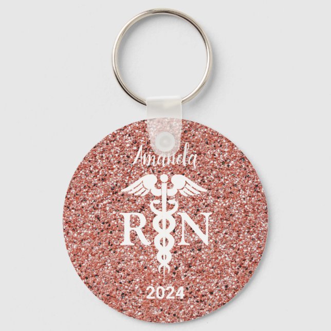 Registered Nurse Caduceus Rose Gold Glitter Custom Keychain (Front)