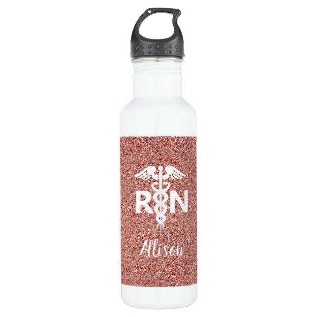 Registered Nurse Caduceus Rose Gold Glitter Custom Stainless Steel Water Bottle (Front)