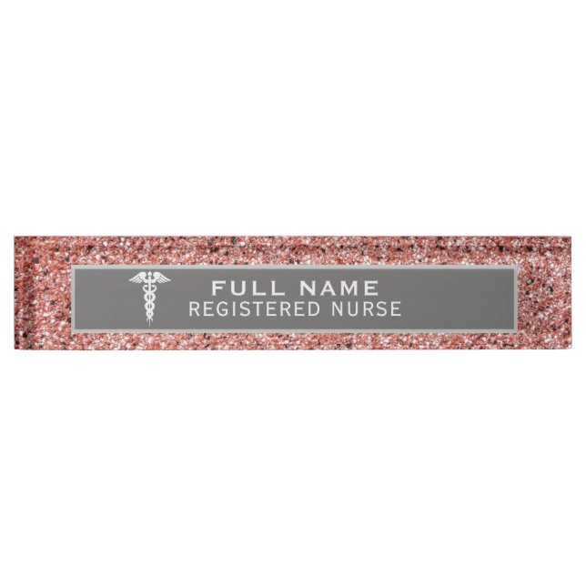 Registered Nurse Caduceus Rose Gold Glitter Desk Name Plate (Front)