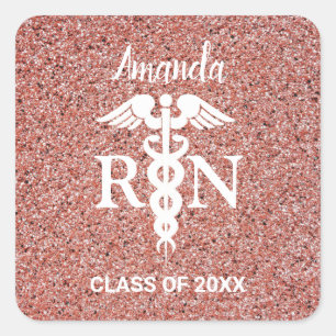 Registered Nurse Caduceus Rose Gold Glitter Name Square Sticker