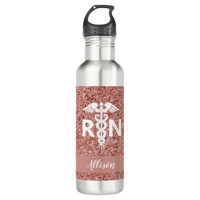 Registered Nurse Caduceus Rose Gold Glitter Name Stainless Steel Water Bottle (Front)