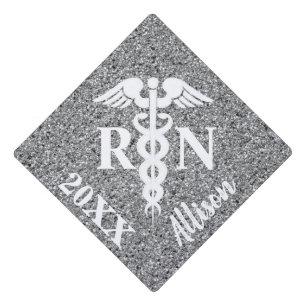 Registered Nurse Caduceus Silver Glitter Monogram Graduation Cap Topper