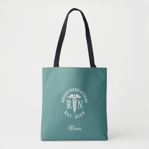 Registered Nurse Caduceus Teal White Personalized Tote Bag