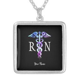 Registered Nurse Graduate Caduceus Symbol Monogram Silver Plated Necklace