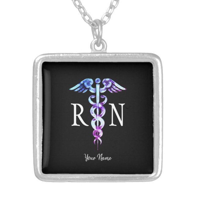 Registered Nurse Graduate Caduceus Symbol Monogram Silver Plated Necklace (Front)