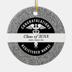 Registered Nurse Graduate Silver Glitter Monogram Ceramic Ornament