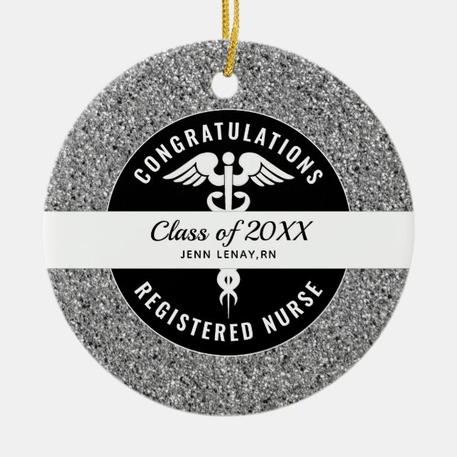 Registered Nurse Graduate Silver Glitter Monogram Ceramic Ornament (Front)