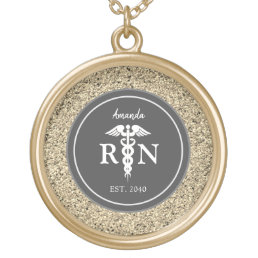 Registered Nurse Graduation Gold Glitter Monogram Gold Plated Necklace