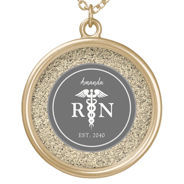 Registered Nurse Graduation Gold Glitter Monogram Gold Plated Necklace (Front)