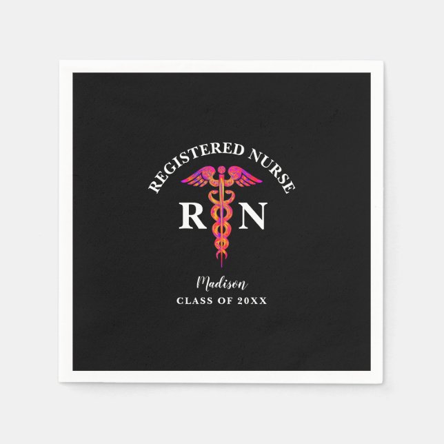 Registered Nurse Graduation Pink Black Caduceus Napkins (Front)