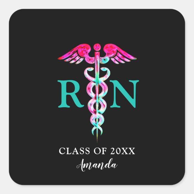 Registered Nurse Graduation Pink Teal Caduceus Square Sticker (Front)