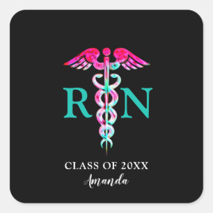 Registered Nurse Graduation Pink Teal Caduceus Square Sticker