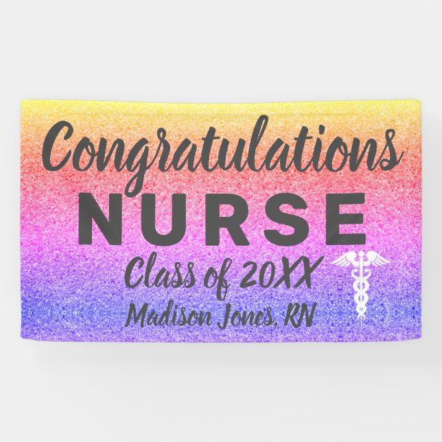 Registered Nurse Graduation Rainbow Glitter Custom Banner (Horizontal)
