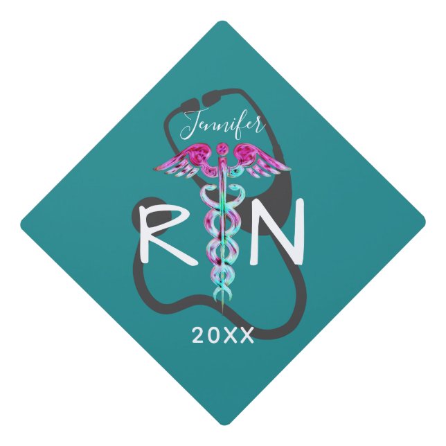 Registered Nurse Hot Pink Teal Personalized  Graduation Cap Topper (Front)