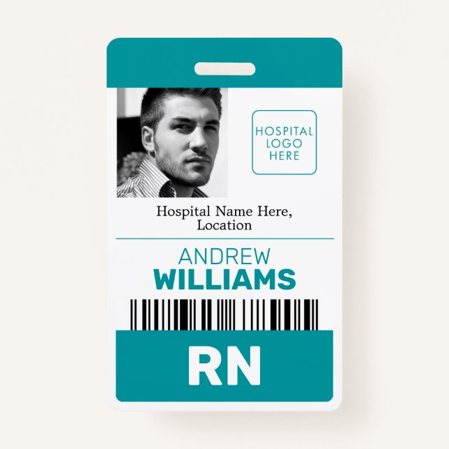 Registered Nurse  ID Barcode Teal White Logo Photo Badge (Front)