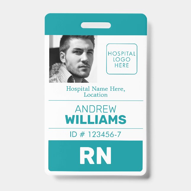 Registered Nurse ID Number Teal White Logo Photo Badge (Front)