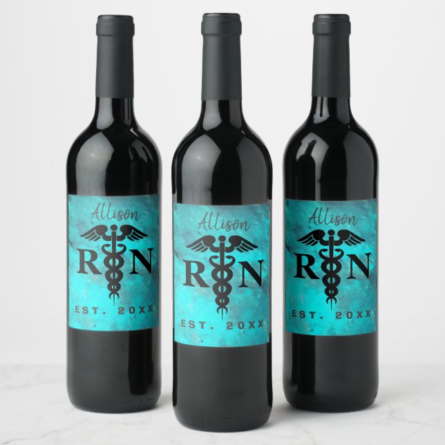 Registered Nurse Medical Black Caduceus Aqua Wine Label (Bottles)