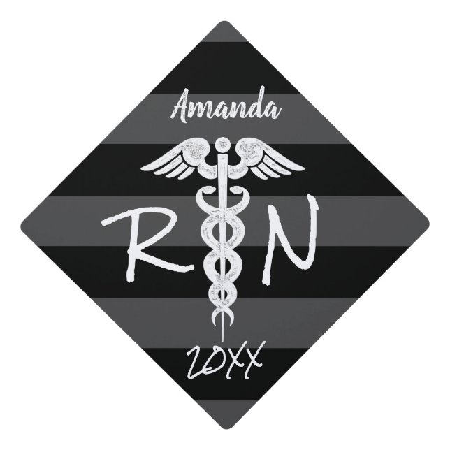 Registered Nurse Medical Caduceus Black Modern Graduation Cap Topper (Front)