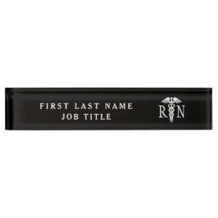 Registered Nurse Medical Caduceus Black White  Desk Name Plate