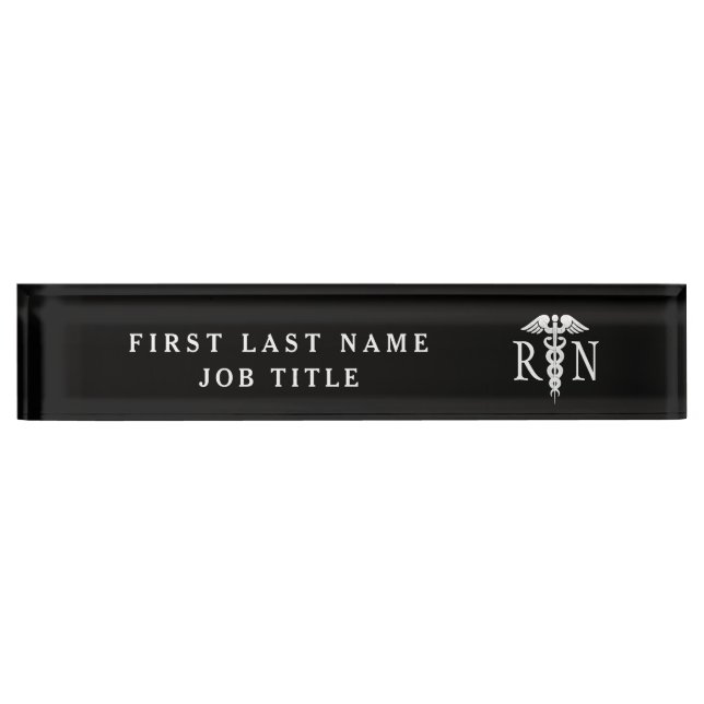 Registered Nurse Medical Caduceus Black White  Desk Name Plate (Front)