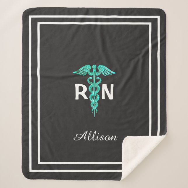 Registered Nurse Medical Caduceus Turquoise Custom Sherpa Blanket (Front)
