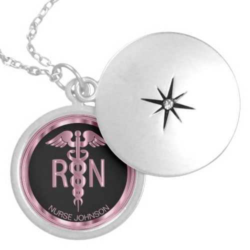 Registered Nurse _ Medical Symbol Caduceus _ Pink  Locket Necklace