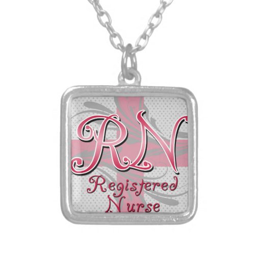Registered Nurse Pink Cross Swirls Silver Plated Necklace