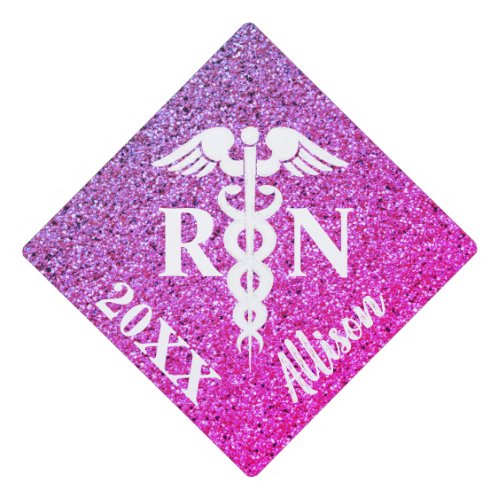 Registered Nurse Pink Purple Glitter Caduceus Name Graduation Cap Topper