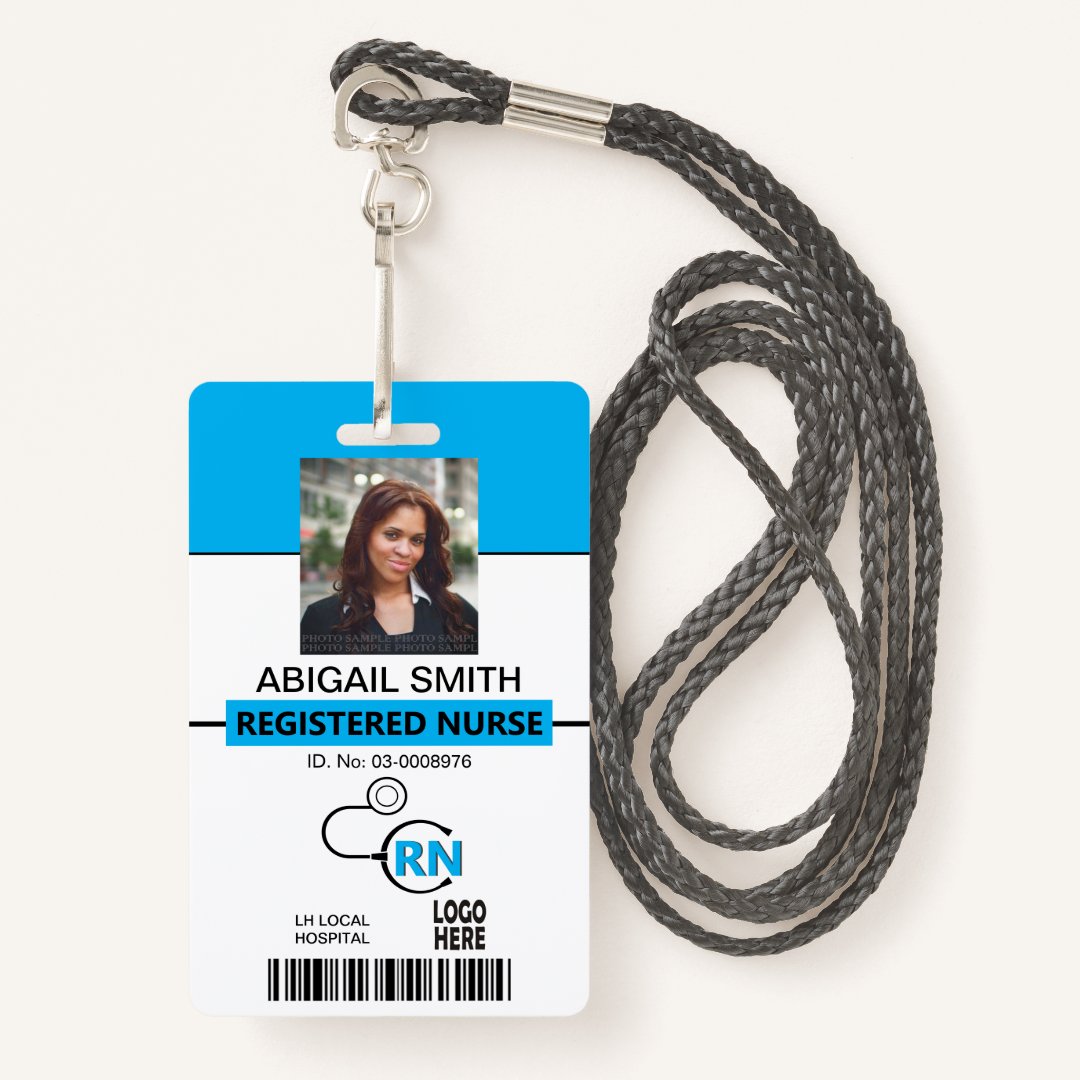Registered nurse RN blue photo template Badge | Zazzle