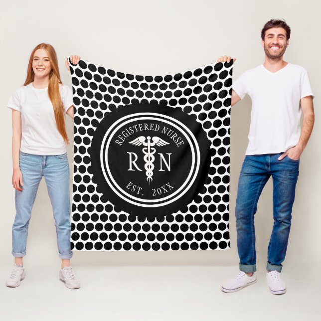 Registered Nurse RN Caduceus Black White Custom Fleece Blanket (In Situ)