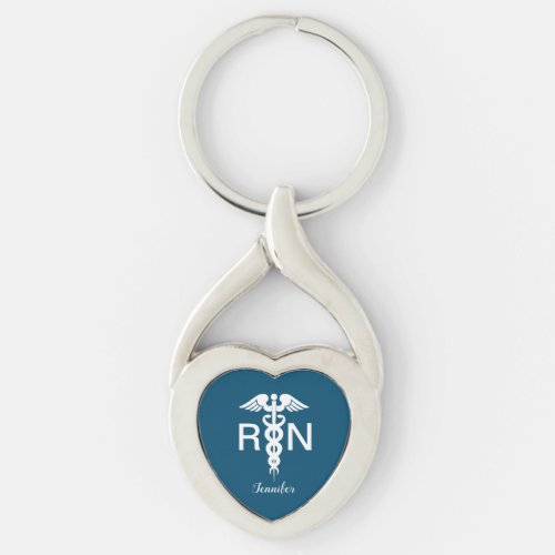 Registered Nurse RN Caduceus Blue Heart Customized Keychain