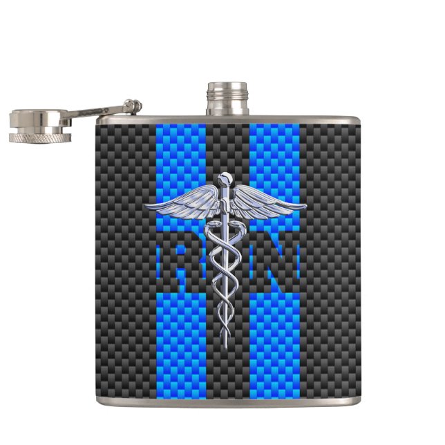 Registered Nurse RN Caduceus Carbon Fiber Stripes Hip Flask (Opened)