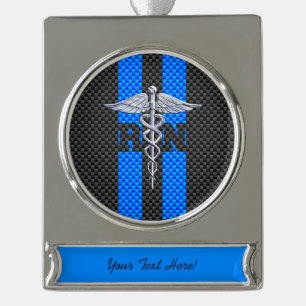 Registered Nurse RN Caduceus Carbon Fiber Stripes Silver Plated Banner Ornament