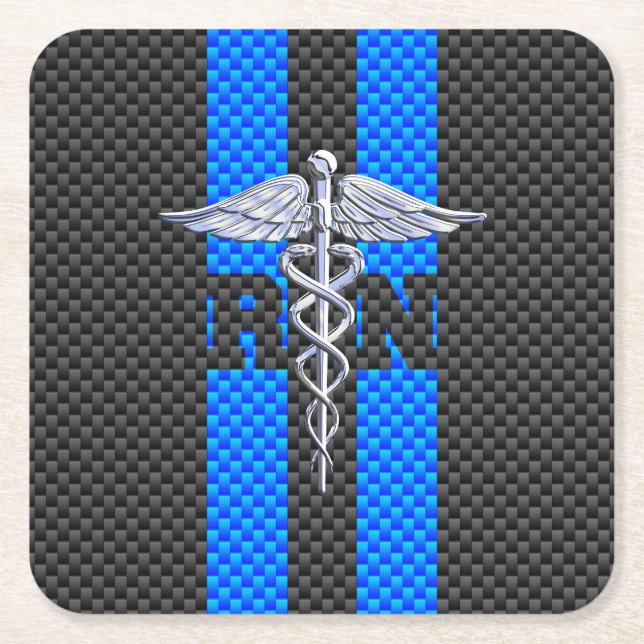 Registered Nurse RN Caduceus Carbon Fiber Stripes Square Paper Coaster (Front)