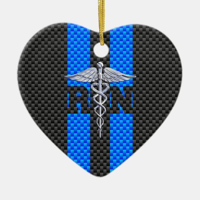 Registered Nurse RN Caduceus Carbon Fiber Style Ceramic Ornament (Front)