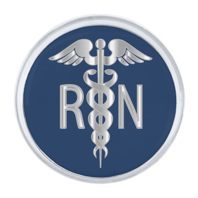 Registered Nurse RN Caduceus - Navy Blue Silver Finish Lapel Pin (Front)