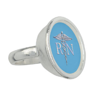 Registered Nurse RN Caduceus on Baby Blue Decor Ring