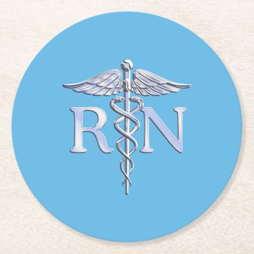 Registered Nurse RN Caduceus on Baby Blue Decor Round Paper Coaster