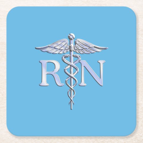 Registered Nurse RN Caduceus on Baby Blue Decor Square Paper Coaster