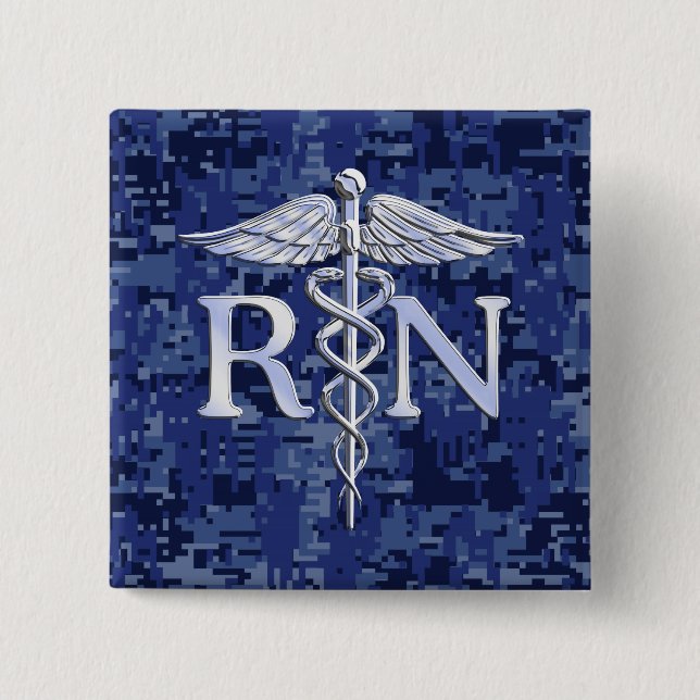 Registered Nurse RN Caduceus on Blue Camo Button (Front)