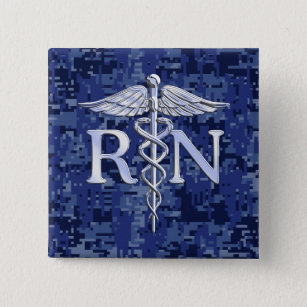 Registered Nurse RN Caduceus on Blue Camo Button