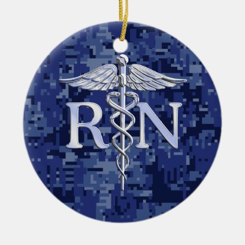 Registered Nurse RN Caduceus on Blue Camo Ceramic Ornament