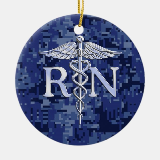 Registered Nurse RN Caduceus on Blue Camo Ceramic Ornament (Front)