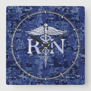 Registered Nurse RN Caduceus on Blue Camo Square Wall Clock