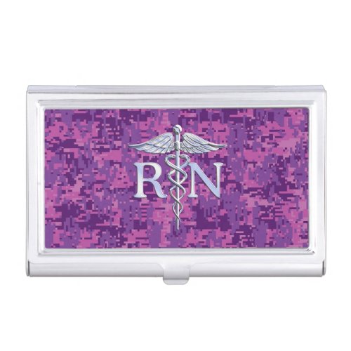 Registered Nurse RN Caduceus on Fuchsia Camo Business Card Holder