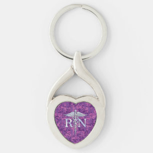Registered Nurse RN Caduceus on Fuchsia Camo Keychain